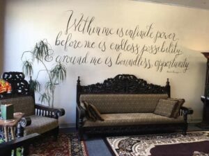 the office seating with words on the wall